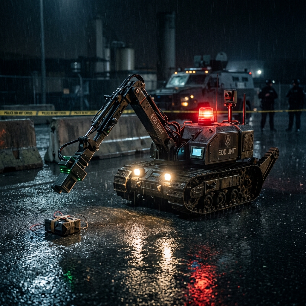 Remote tracked EOD bomb disposal robot operating on wet road
