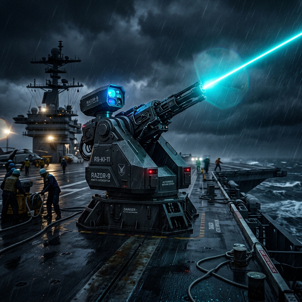 Advanced autonomous laser turret interceptor on navy carrier deck at night