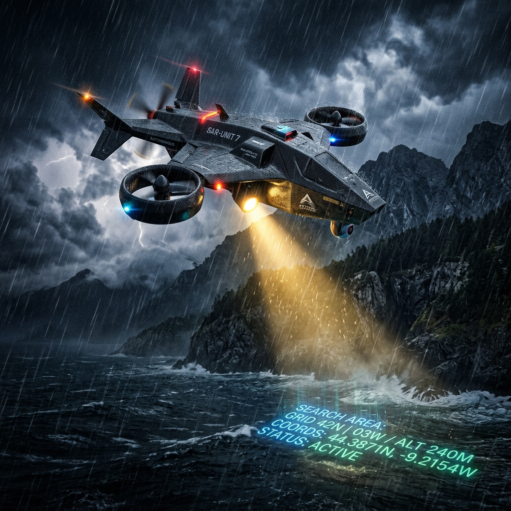 Vertical-takeoff rescue drone flying in mountain storm with warm searchlight beam
