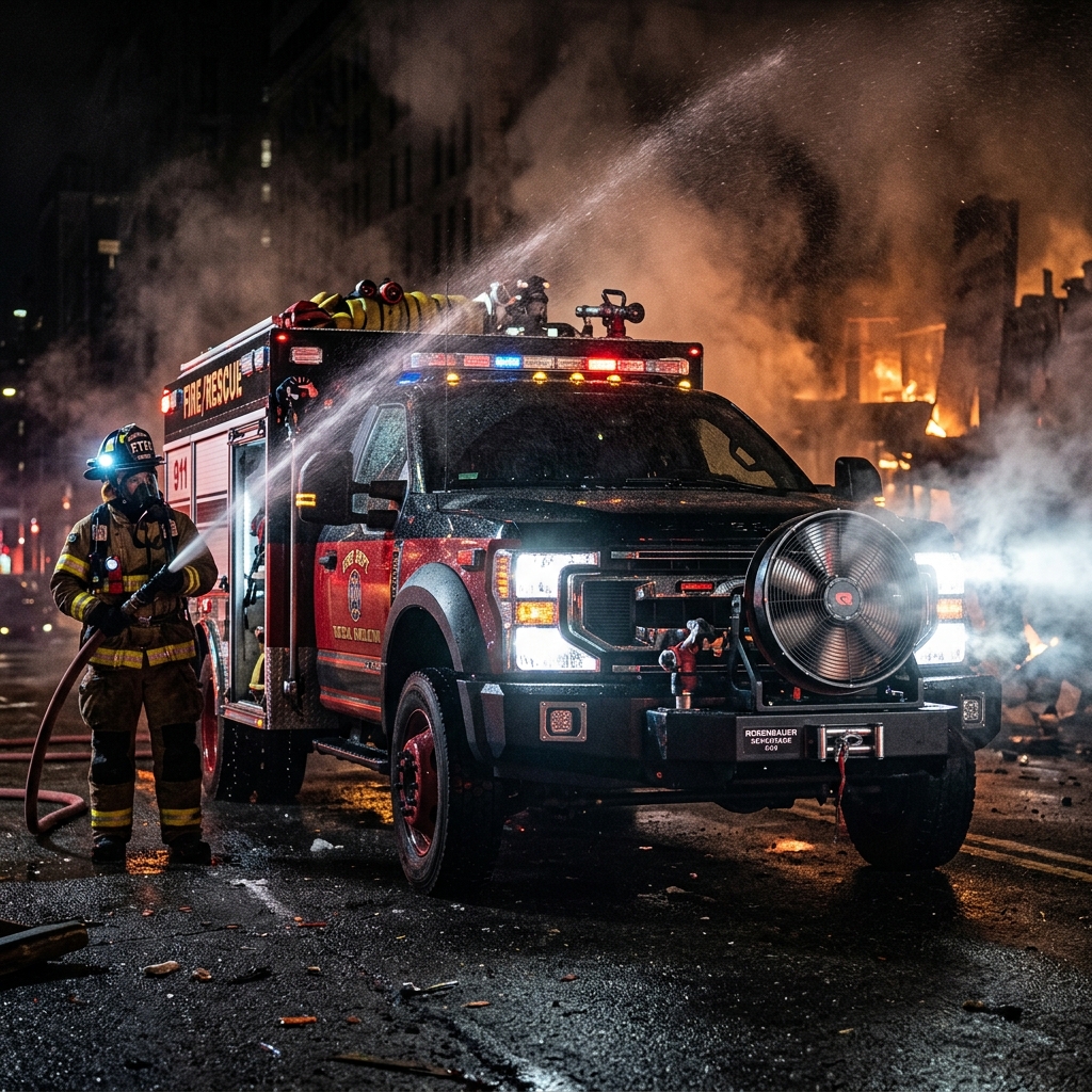 Tactical firefighting response truck in smoke-heavy environment